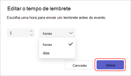 Captura de tela do editor de horário de envio de email de lembrete no Teams.