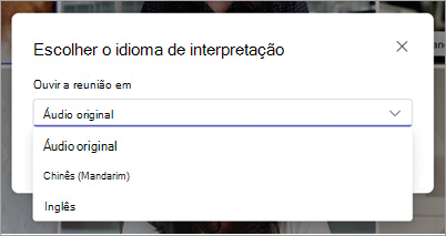 Captura de tela mostrando o menu suspenso Escolher o idioma de interpretação no Microsoft Teams.
