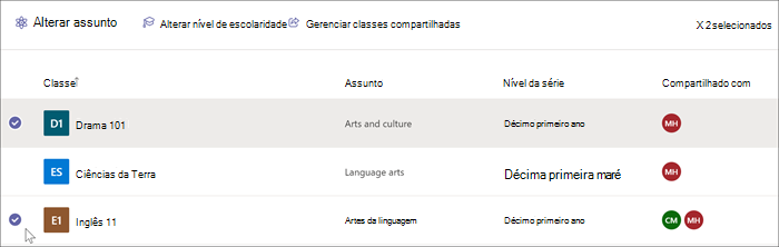 Captura de ecrã da vista A sua turma a partilhar no Insights, com Drama 101 e Inglês 11 selecionados na lista. Na parte superior da página, as opções incluem alterar o assunto, alterar o nível de nota e gerir turmas