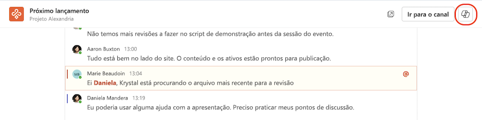 Aceder ao Copilot a partir de uma vista envolvente de canais