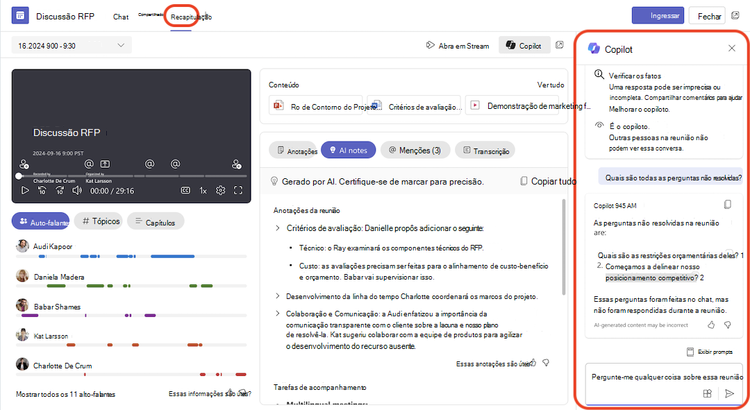 Copiloto na recapitulação da reunião revisada
