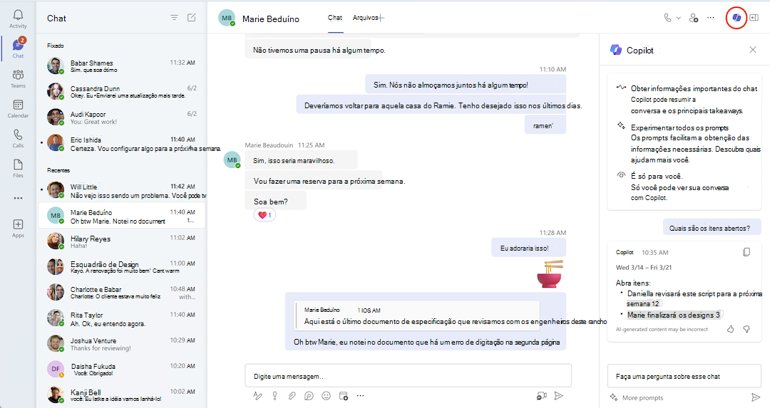 Uma visão do Copilot em um chat do Teams