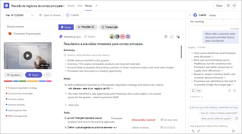 Captura de ecrã a mostrar a funcionalidade do copilot no resumo da reunião do Teams