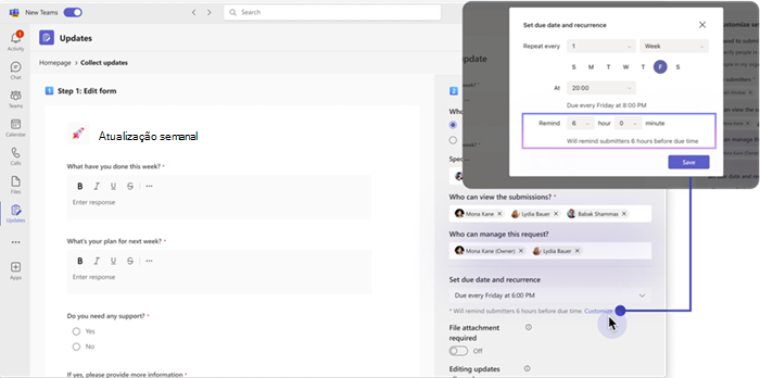 Personalizar o tempo de lembrete no Atualizações