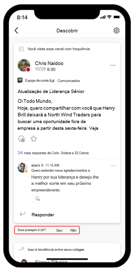 Captura de tela mostrando o feed do Teams Discover aberto no celular