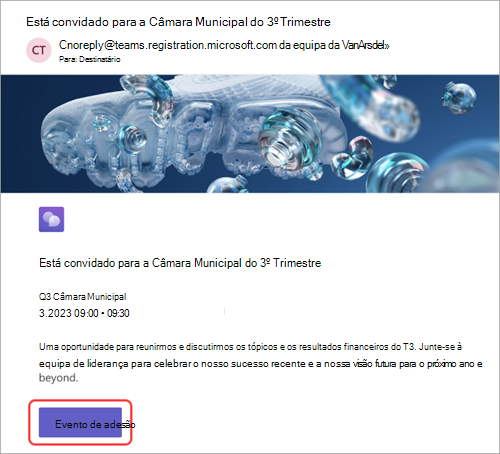 Captura de tela mostrando o convite por email recebido pelos participantes, com Ingressar no evento em destaque
