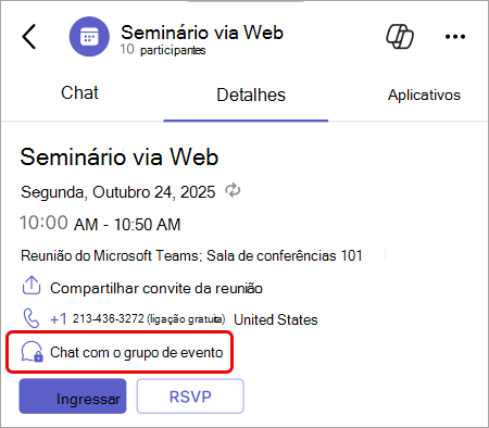 Captura de tela destacando o botão de chat em grupo do evento em detalhes do evento móvel.