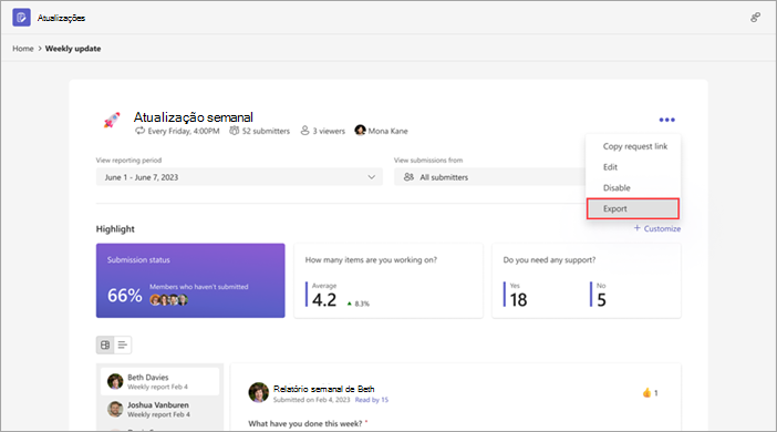 Exportar atualizações para uma solicitação específica