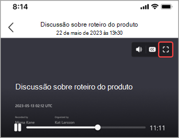 Toque no ícone de tela inteira para exibir a gravação da reunião em toda a tela.
