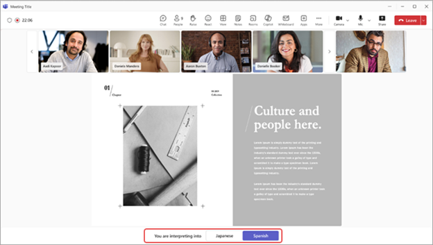 Captura de tela destacando a experiência do intérprete no Microsoft Teams