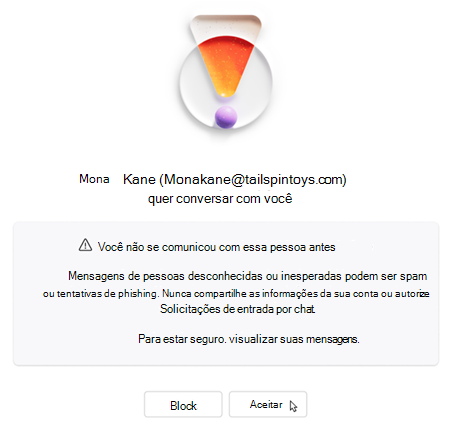 Texto solicitando que o usuário aceite ou bloqueie novo chat