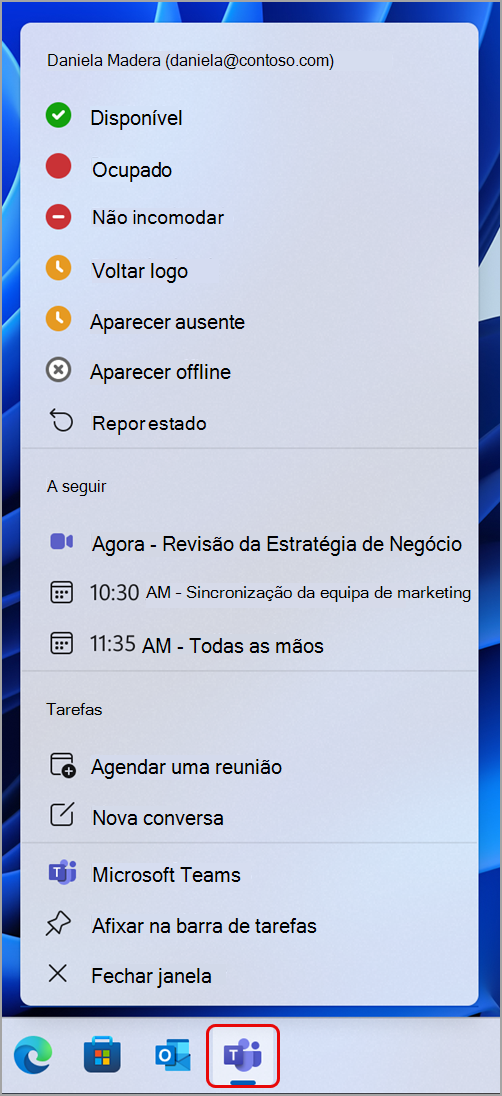 Captura de tela mostrando as ações que você pode executar no Teams por meio da barra de tarefas do Windows.
