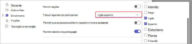 Opção de reunião mostrando como adicionar idiomas para legendas traduzidas ao vivo em um evento.