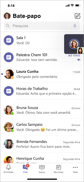 Chat da Sala Para Sessão de Grupo no dispositivo móvel.