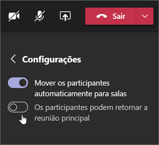 Configurações das salas para sessão de grupo no Teams