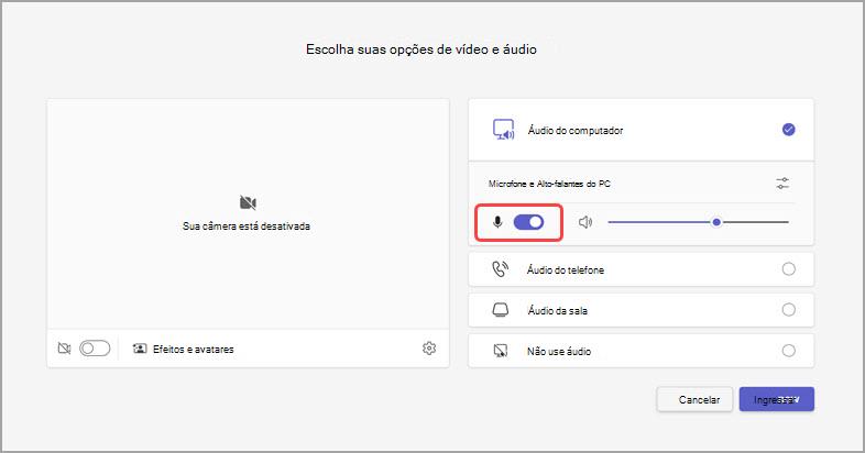 Gerenciar áudio antes de uma reunião