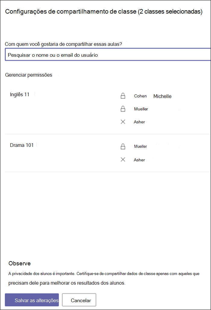 Captura de ecrã do painel para gerir a partilha de turmas. São indicadas 2 turmas com professores associados listados. Está disponível uma barra de pesquisa para adicionar mais professores