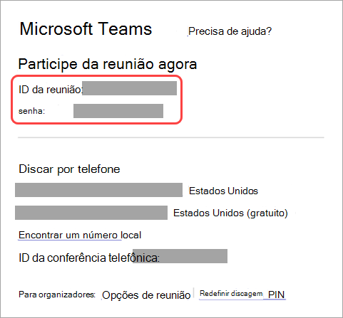 Captura de ecrã que mostra onde encontrar o ID de reunião e o código de acesso no convite para reunião.