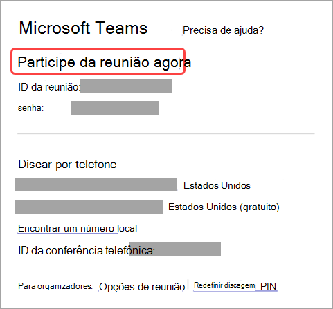 Captura de ecrã que mostra como participar numa reunião a partir do convite.