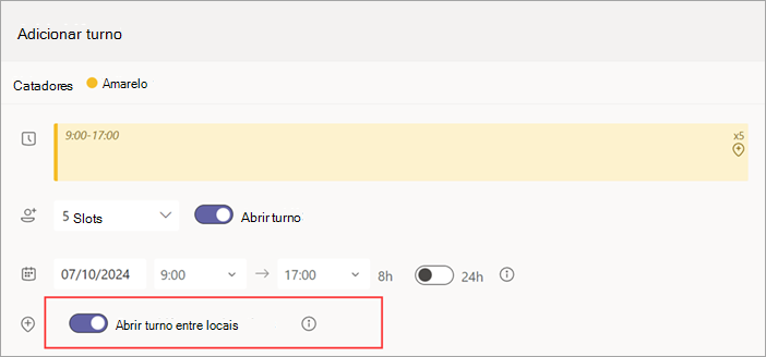 Captura de ecrã a mostrar o botão de alternar turno Abrir entre localizações para um turno aberto.