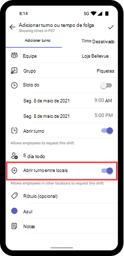 Captura de ecrã a mostrar o botão de alternar turno em várias localizações para um turno num dispositivo móvel.