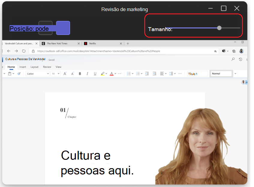 Imagem mostrando o controle deslizante de tamanho na parte superior da página no modo de apresentador.