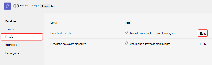 Captura de tela destacando a interface do usuário para visualizar convites de email da reunião geral