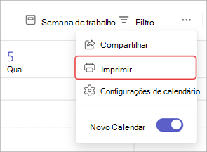 Captura de tela destacando a opção Imprimir em um calendário do Teams.