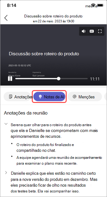 Veja as anotações geradas por IA na recapitulação da reunião do Teams.