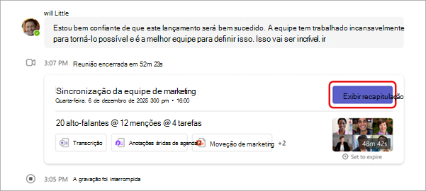 Captura de ecrã de onde ver um resumo numa conversa da reunião.