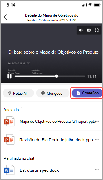 Exibir conteúdo compartilhado no resumo da reunião do Teams.