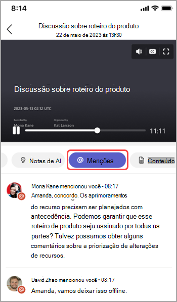 Ver menções de nome na recapitulação da reunião do Teams.