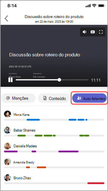 Veja os palestrantes na recapitulação da reunião do Teams.
