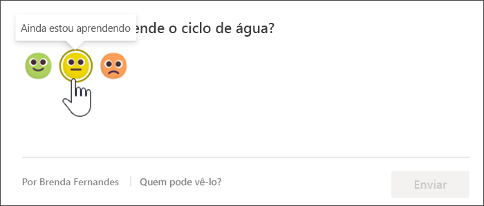 Captura de ecrã da vista de estudante da marcar de reflexão antes de responder. O rato paira o cursor sobre o emoji amarelo e inseguro, com uma descrição onde se lê Im ainda está a aprender