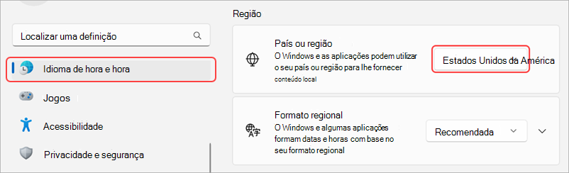 Definições regionais num dispositivo Windows.