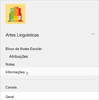 Captura de tela da navegação à esquerda no Teams, uma lista mostra o bloco de anotações da turma, tarefas, notas e insights.