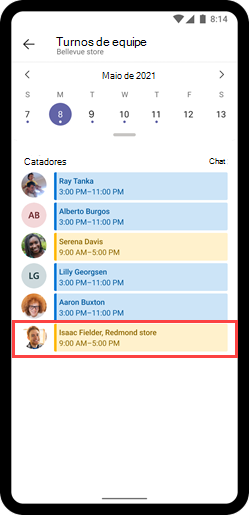 Captura de ecrã da agenda num dispositivo móvel a mostrar um trabalhador de outra localização como funcionário externo.