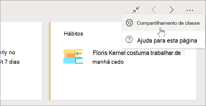 captura de ecrã da vista informações de uma turma em que o cursor selecionou as reticências e está a pairar sobre a partilha de aula