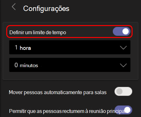 A imagem mostra como definir o limite de tempo para salas de sessão de grupo.