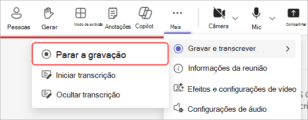 Captura de tela realçando como interromper a gravação durante uma reunião geral