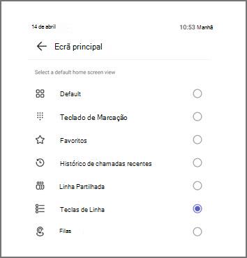 Menu para selecionar a exibição padrão da tela inicial, com Chaves de Linha selecionadas no momento.