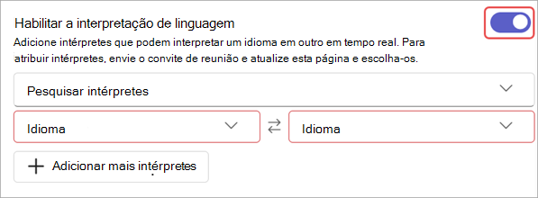 Captura de tela mostrando as configurações de interpretação de idioma nas opções de reunião.