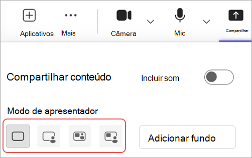 Captura de tela destacando diferentes modos de apresentador nos controles de reunião do Microsoft Teams.