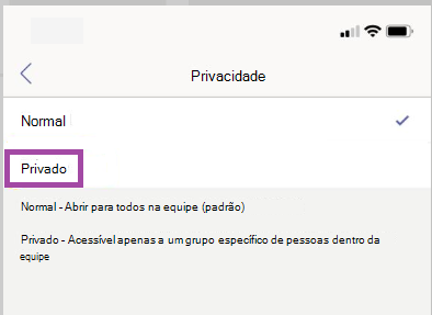 Configurações de canal privado.