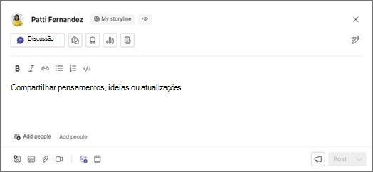 Caixa de introdução de texto com o nome O meu enredo e um botão Discussão, opções de formatação e marcadores de posição para partilhar, adicionar pessoas e publicar.