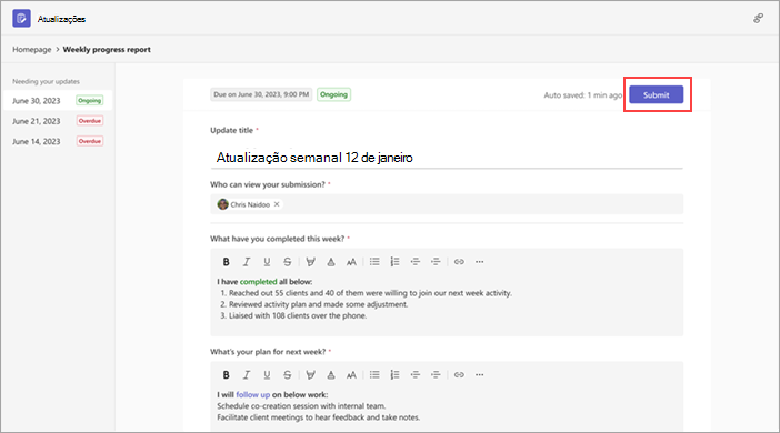 Uma atualização mostrando o botão Enviar disponível
