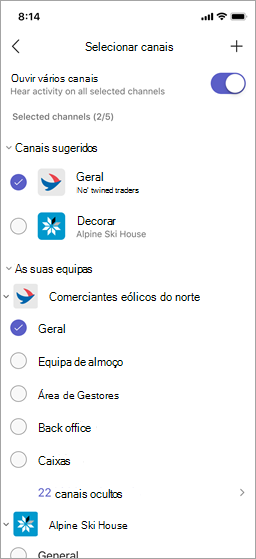 A tela Selecionar canais no Walkie Talkie.