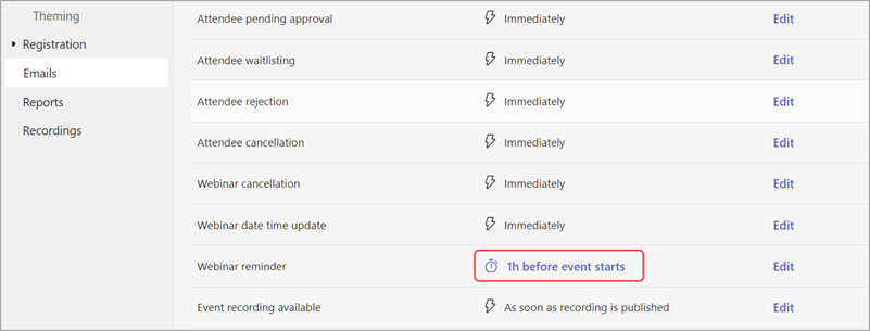 Captura de tela de como editar o horário de envio de emails de lembrete de webinar