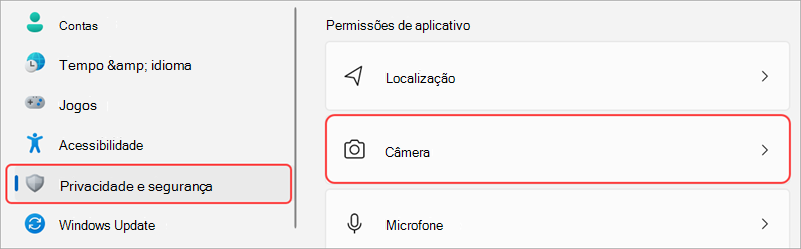 Definições do Windows com a IU da câmara realçada.