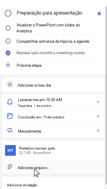 Exibição de detalhes da tarefa Preparar para apresentação com a Report.pptx mensal anexada e a opção Adicionar arquivo selecionada